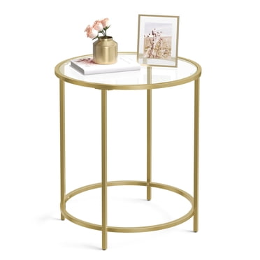 VASAGLE Round Side Table, Glass End Table with Steel Frame, Small Coffee Accent Table, Golden and Transparent