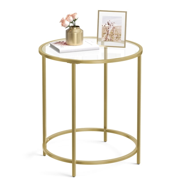VASAGLE Round Side Table, a modern accent table with a tempered glass top and gold steel frame. The circular design features two rings and four legs for stability, with adjustable feet to ensure a level surface. Ideal for living room furniture, it is displayed with a vase, book, and photo frame for decor.
