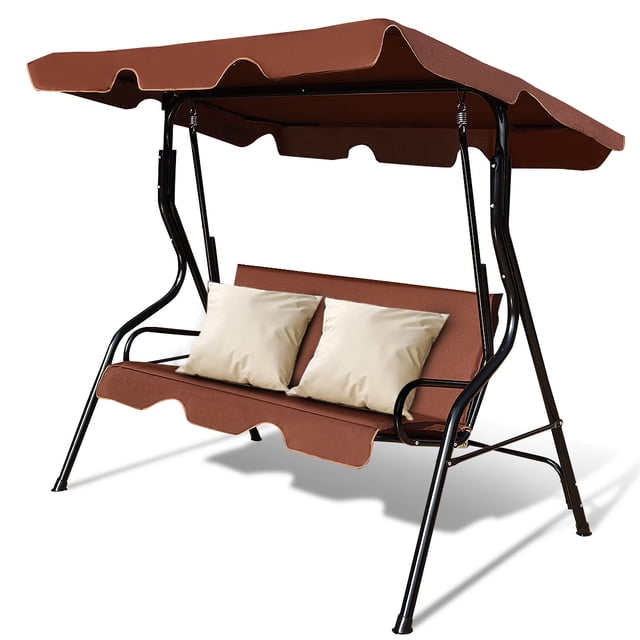 Patiojoy Hamac à Bascule d'Extérieur 3 Places avec Auvent Imperméable Réglable, Cadre en Aluminium, Chaise Balançoire de Patio, Café