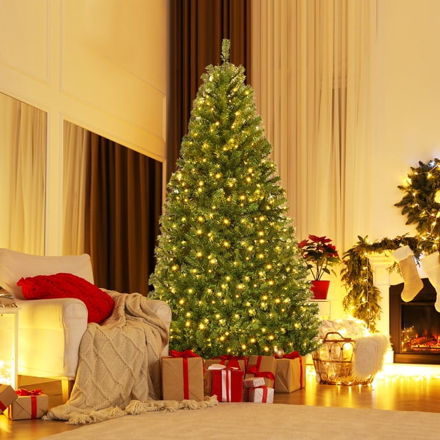 Gymax 8FT Pre-Lit Christmas Tree Hinged Artificial Tree w/ Metal Stand LED Lights