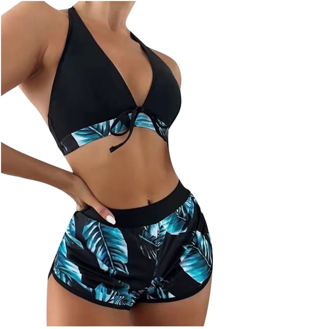 Sexy Bathing Suits for Women Womens Solid Bikini Strap Bikini Deep V Sexy Split Swimsuit Set Three-Piece Swimming Suit. The image displays a black bikini top with a deep V neckline and tie detail, paired with high-waisted black shorts featuring a vibrant blue and green tropical leaf print. Crafted from high-quality polyester, the swimwear is elastic, durable, and comfortable. Perfect for summer activities like swimming, beach outings, pool parties, and casual wear. Categorized under women's swim sets.
