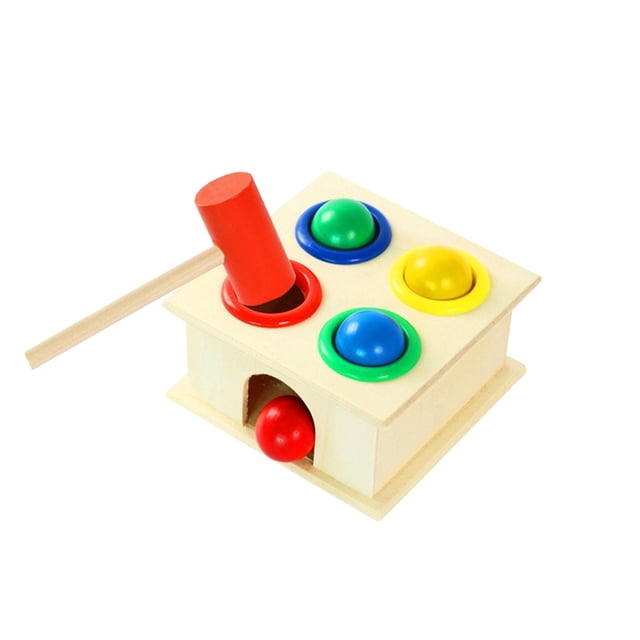 Educational Toys Wooden Hammering Ball with Hammer Box Color Cognitive Toy designed for infants, featuring a wooden box with four colorful balls—red, green, blue, and yellow—placed in matching holes. Includes a red wooden hammer for striking the balls through the holes, promoting color recognition, hand-eye coordination, and dexterity. Ideal as an infant learning toy.