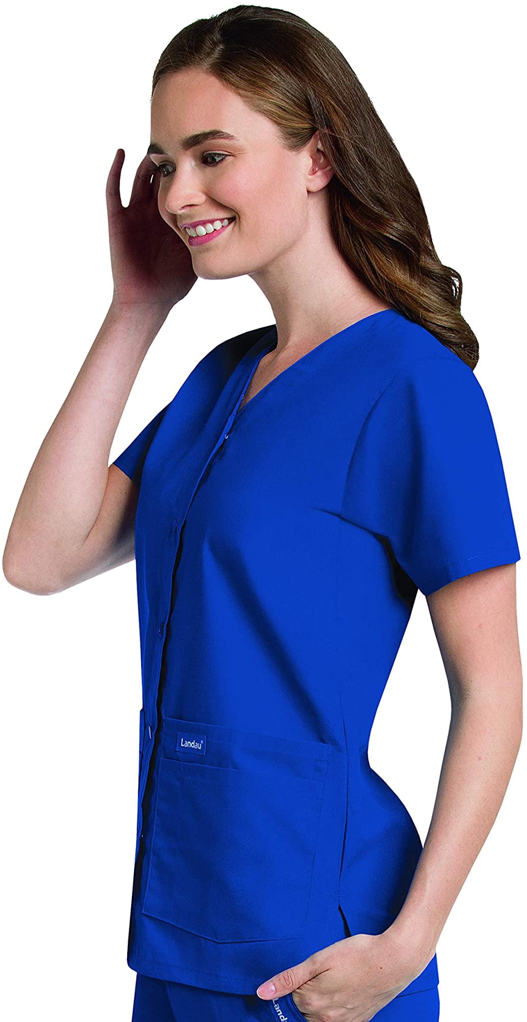 Landau Women's Essentials Snap Front Scrub Top, Classic Relaxed Fit, V-Neck, 4 Pockets