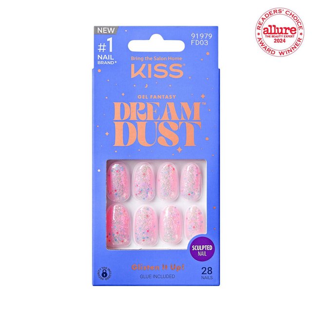 KISS Gel Fantasy Dreamdust, Diamonds 4 Me, Medium Oval, 28 count, packaged false nails in a blue box with orange text, featuring medium oval pink nails with iridescent multicolored glitter and gel top coating for extreme shine and volume, includes glue and sculpted nail design, suitable for everyday wear.