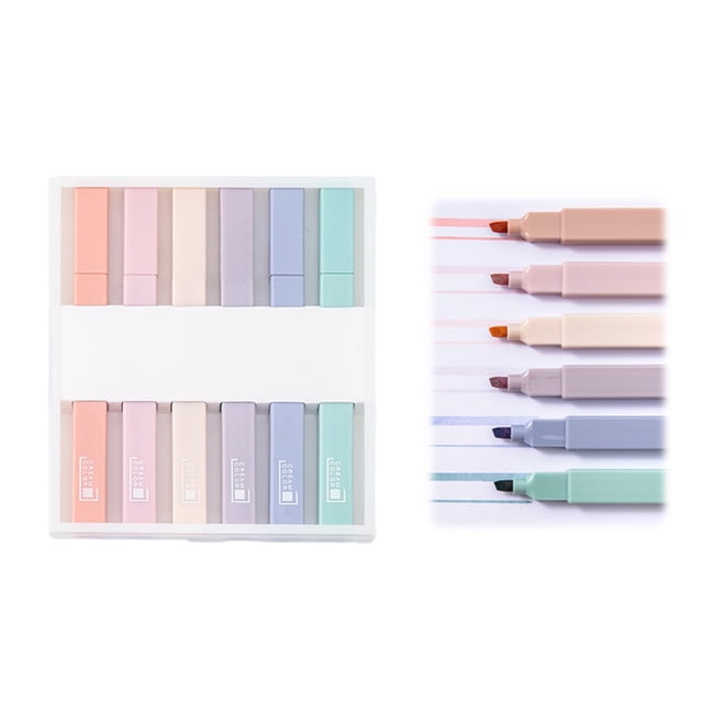 6 Pcs Aesthetic Pastel Color Highlighters Set, colorful marker pens with six unique pastel shades in a compact plastic case. Each highlighter features a soft chisel tip for smooth, no-fray writing, coloring, and detailing. The image displays the highlighters arranged neatly in the case and their vibrant pastel strokes on paper.