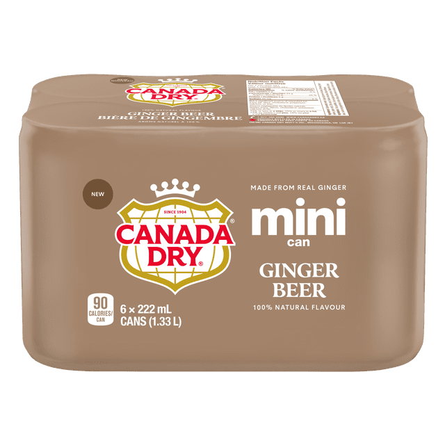 CANADA DRY Bière au Gingembre, Lot de Six mini Canettes de 222 ml dans un Emballage beige avec le logo CANADA DRY Rouge et or, Chaque Canette Contient 90 calories, Faite de Vrai Gingembre avec une Saveur 100 % Naturelle, volume total de 1,33 L, Souvent Utilisée comme Boisson Gazeuse Rafraîchissante Ou Mélangeur de cocktail