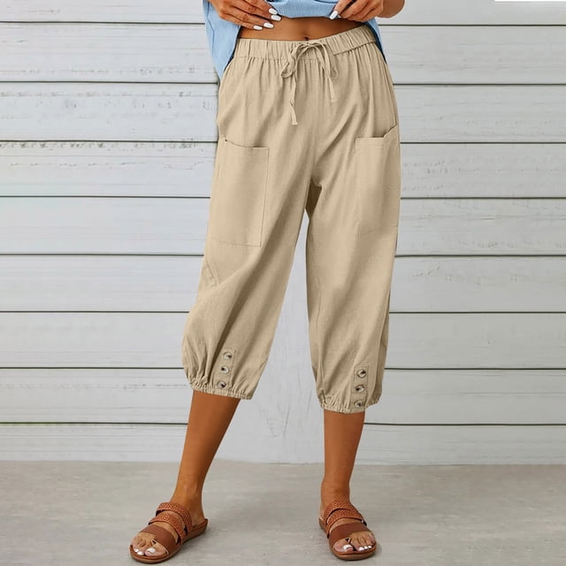 DPTALR Women Summer Casual Loose Bandage Button Pocket Solid Trousers Capris Pants