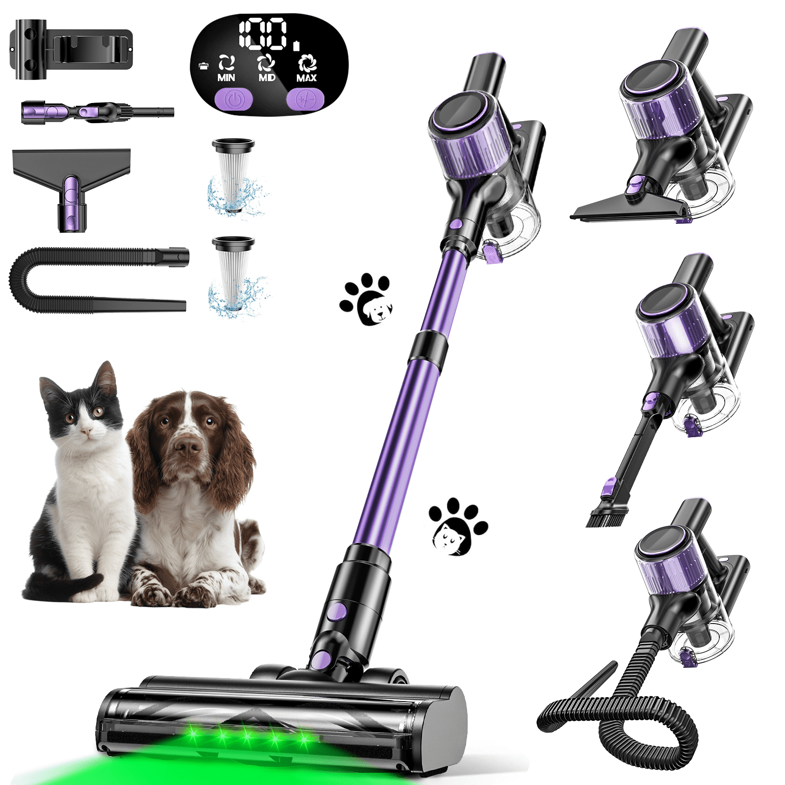 A27 Cordless Vacuum Cleaner, Stick Vacuum with Powerful Suction, Hose, Green LED Light, Anti-Tangle Brush, Lightweight Rechargeable Vacuum Cleaner for Home, Hardwood Floors, Carpets,Purple
