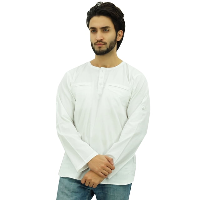 Atasi Kurta pour Homme à Col Rond en Coton, Manches Retroussables, Chemise Blanche - XX-Grand