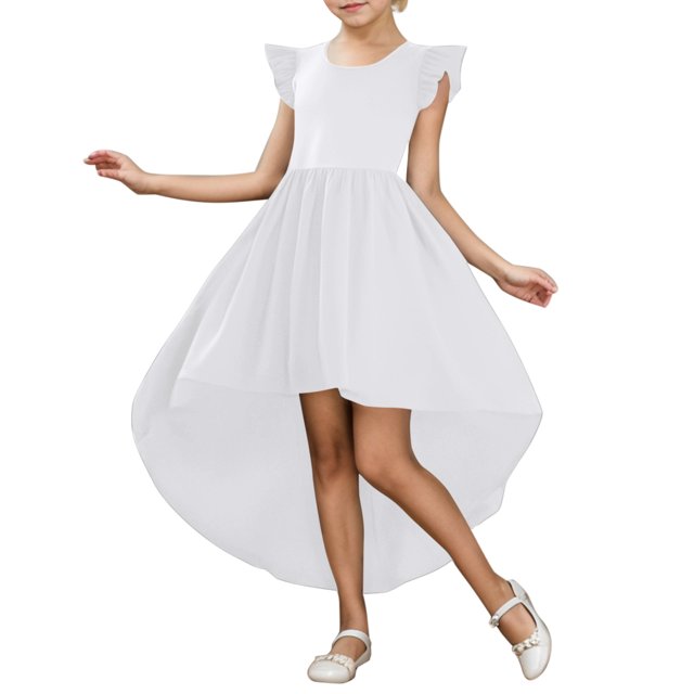 Robes Filles Enfants Enfant Filles Été Manches Charleston Asymétriques Robe Formelle Jupe Volantée Couleur Unie Robe Évasée Robe Fille Blanc 16 Ans