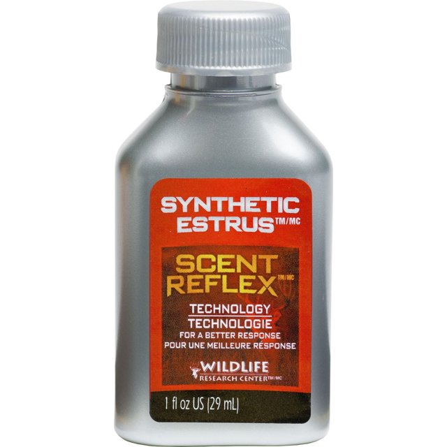 Wildlife Research 30226 Ostrus Scent Synthétique Bouteille de 1 FL OZ avec Corps Argenté et Bouchon Nervuré Blanc, avec une Étiquette Rouge Bilingue Mettant en Valeur la Technologie Scent Reflex pour une Meilleure Réponse du Gibier, Convient à la Gestion des Scent pour la Chasse.