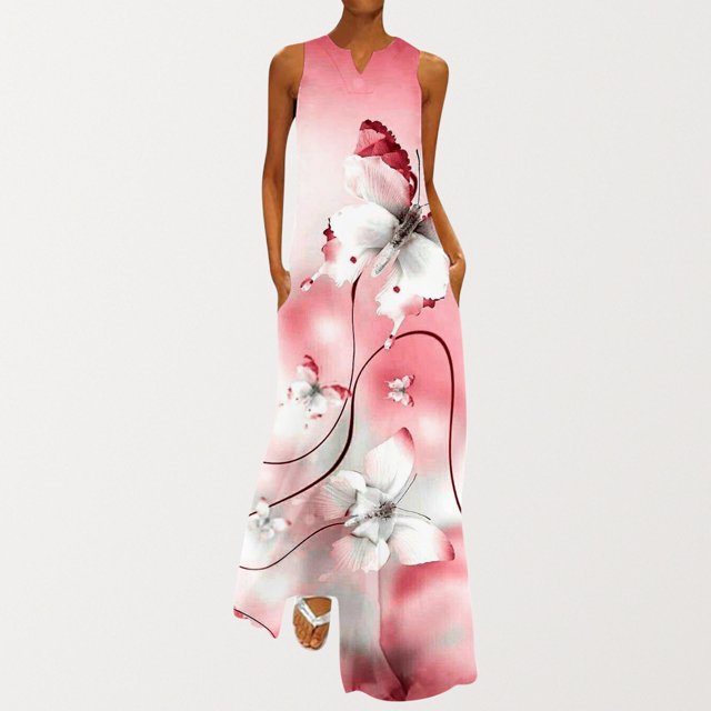 Robes pour Mariages en Invitée Mode d'Été pour Femmes Robe Imprimée à Col en V Sans Manches à Enfiler avec Poches Robe d'Allaitement en Liquidation