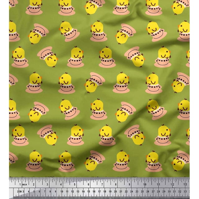 Soimoi Poly Georgette Fabric Cup,Plate & Chick Cartoon Printed Fabric 1 Yard 42 Inch Wide