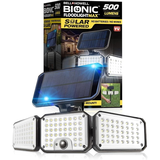 Bell and Howell Bionic Floodlight Max Lampe à Énergie Solaire de 500 Lumens avec Trois Panneaux DEL Réglables et un Grand Panneau Solaire sur le Dessus, Activée par le Mouvement et Sans Fil pour l'Éclairage de Sécurité Extérieur, Convient aux patios, Jardins et Entrées.