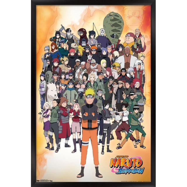 Naruto Shippuden - Affiche Murale de Groupe Présentant une Impression Lustrée à Haute Résolution de Nombreux Personnages de la Série d'Anime, avec Naruto Uzumaki dans Sa Tenue de ninja orange et Noire à l'Avant et au Centre, Entouré d'Alliés et d'Adversaires, Encadré en Noir, Convient pour Décorer des Chambres, des Bureaux Ou des Résidences Étudiantes.