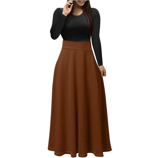 Robes pour Femmes Robe Maxi pour Femmes Unie à Manches Longues à Col Rond à Enfiler Robe Patchwork Robes Courtes P-77 Café S