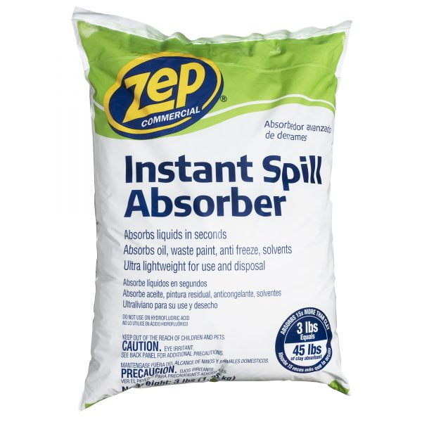 ZEP Sac Absorbant Instantané de 3 lb, un Article Ménager Conçu pour Absorber des Liquides comme l'Huile, la Peinture, l'Antigel et les Solvants en Quelques Secondes. la Formule Ultralégère et Sans Poussière Est 15 Fois Plus Absorbante Que les Produits en Argile, Emballée dans un Sac de Marque Blanc et Vert.