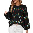 thumbnail image 2 of TIMIFIS Chandails de Noël pour Femmes Décontractés Col Rond Chandails Hauts Automne Manches Longues Extensibles Vintage Lumières de Noël Imprimées Chandail Tricoté, 2 of 8