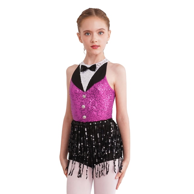 YONGHS Enfants Filles Paillettes Latin Jazz Robe de Danse à Franges Smoking Danse Moderne Justaucorps Combinaison Rose Vif 10