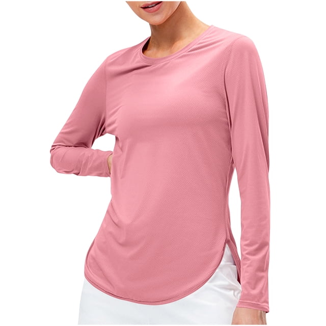 Mceream 2025 Chandails de Soleil à Manches Longues pour Femmes Protection Uv Hauts d'Entraînement Légers Golf Gym Randonnée Chandails Vêtements d'Extérieur Athlétique Col Rond Yoga Hauts Décontractés T-Shirt Uni Vêtements Grande Taille Rose TP