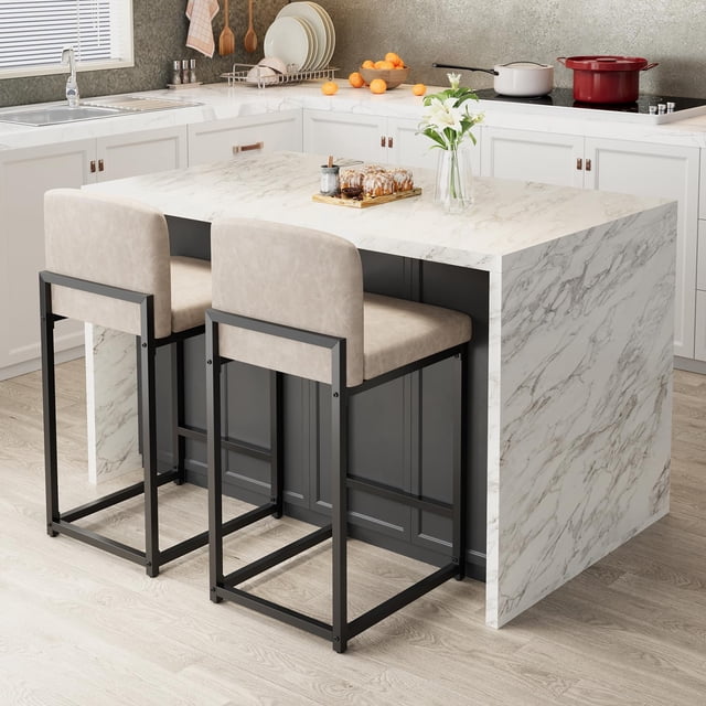 BeesClover Bar Stools Set of 2, Modern Counter Height Bar Stools with Back and Footrest, Faux Leather Upholstered Barstools Chairs for Kitchen Island Dining Room Bar