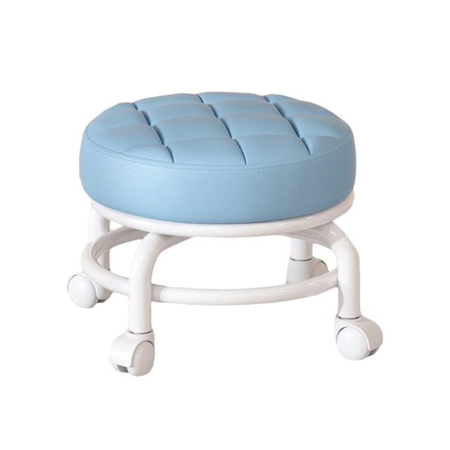 Lipstore 360 degree Rotating Low Roller Seat Stool Pulley Low Stool in blue with a round PU leather cushioned seat and a white metal frame. Features 360-degree swivel wheels for smooth movement and ergonomic comfort. Suitable for use in kitchens, living rooms, offices, and more.