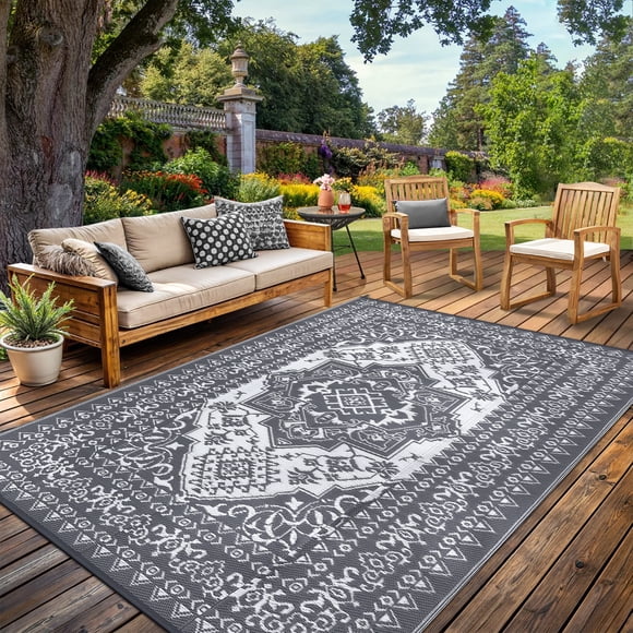 Nanan Tapis d'Extérieur Vintage à Médaillon 9 Pieds X 12 Pieds, Imperméable, Résistant aux UV, Facile à Nettoyer, Tapis de Patio en Plastique avec Sac de Transport pour Jardin, VR, Terrasse, Plage, Gris Blanc