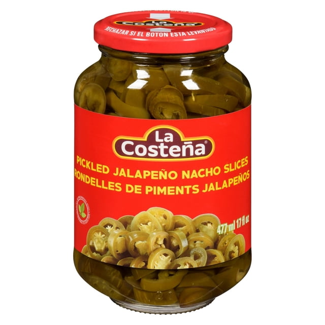 La Costena Pickled Jalapeno Nacho Slices clear glass jar of thinly sliced green jalapeño peppers preserved in brine (502.75 ml, 199 g), centered front view showing stacked nacho-style rounds; ready-to-use topping for nachos, tacos, burgers and sandwiches, also suitable as a pizza or casserole garnish.