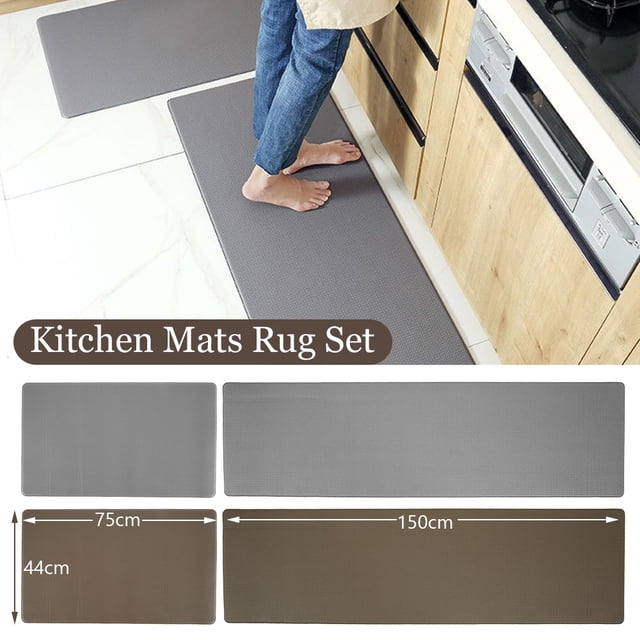 Pluokvzr Kitchen Mats Rug Anti Fatigue Standing Mat in grey, made of rebound foam PVC. Includes two sizes: 44x75cm and 44x150cm. Features a non-slip backing, oil-resistant and waterproof surface, and cushioning for comfort during prolonged standing. Suitable for kitchens or offices.