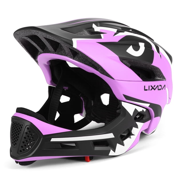 Safety headgear, Safety Helmet Kids Helmet Children Roller by Lixada in purple color. Features a detachable full-face design with a strong polycarbonate shell and shock-absorbing EPS foam for maximum protection. Includes 13 air vents, vented mouthpiece, adjustable dial, and removable washable liner for comfort and hygiene. Suitable for cycling, skateboarding, and roller skating. Designed for head circumferences of 52-56cm with 12mm liner or 54-58cm with 8mm liner.