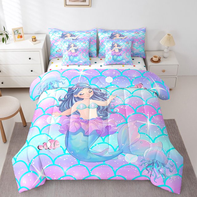 Ballet Mermaid Ensemble de Douillette 7 Pcs Lit en Sac Simple, Mignon Jellyfish Ensembles de Literie Océan Paillettes Écailles de Poisson Starfish Ensemble de Draps avec Douillette
