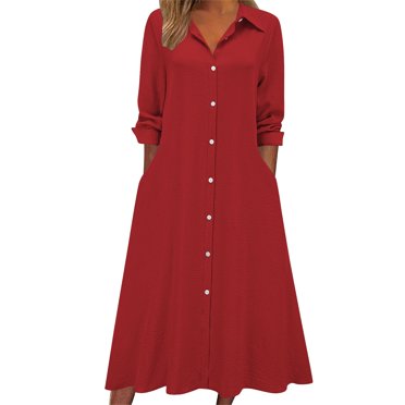 Floleo Robe Maxi à Manches Longues pour Femme en Lin et Coton Uni, Boutonnée devant, Longueur Cheville, Coupe Ample, Respirante, Légère, Décontractée, pour le Printemps et l'Automne (Rouge, TG)