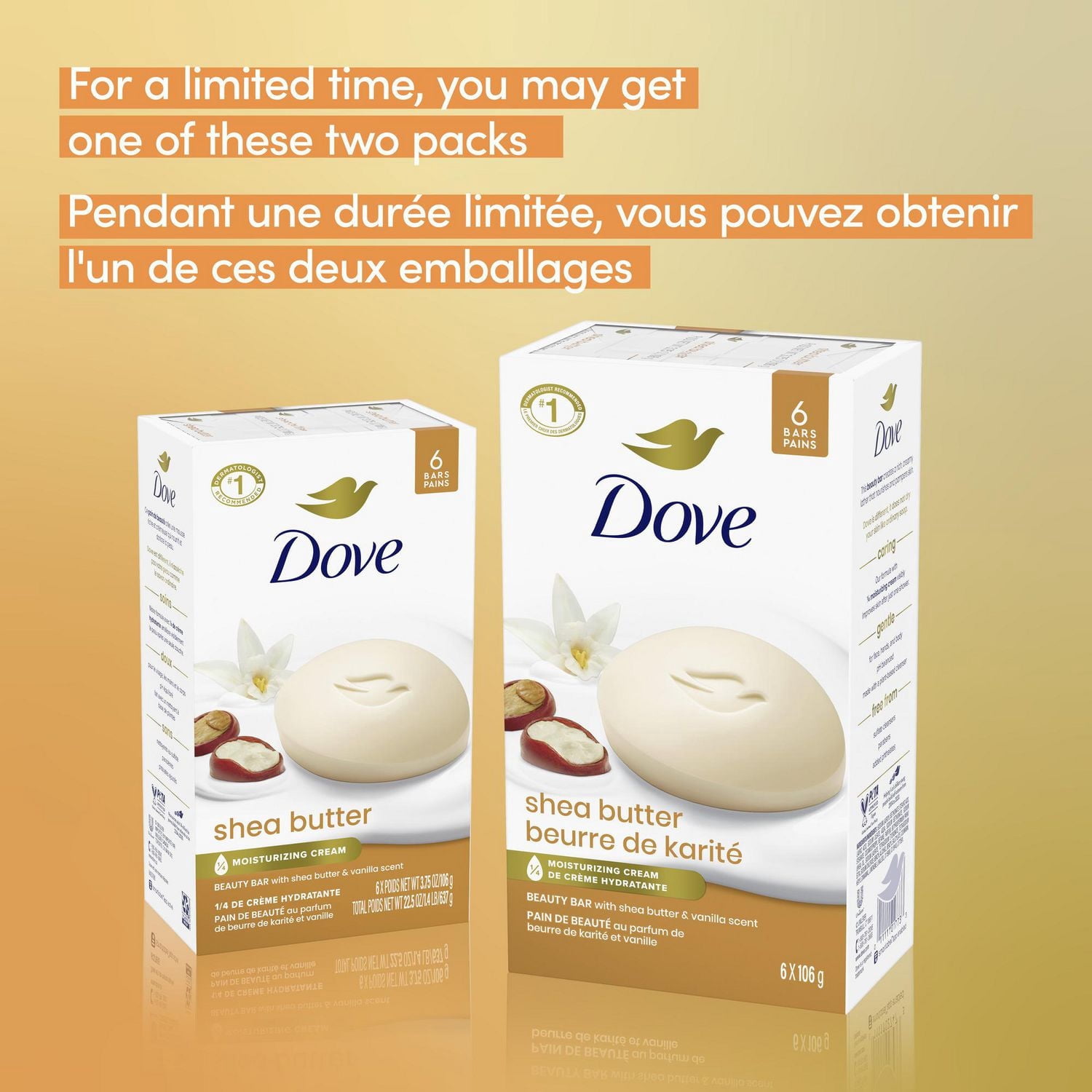 Dove Beauty Bar 1/4 Moisturizing Cream Shea Butter, 106 g (6 bars)