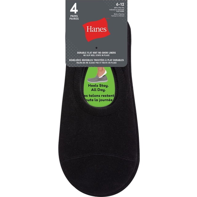 Doublures Plates en Tricot Durables Invisibles par Hanes en Noir, Chaussettes Basses pour Hommes avec Talon Antidérapant pour Rester en place, Montrées en Gros Plan Orienté vers l'Avant avec Emballage pour un Lot de 4 Tailles 6-12, Idéales pour le Port Quotidien et Lavables à la machine, Convenant Aussi comme Doublures Discrètes pour Chaussures Décontractées Ou Habillées.