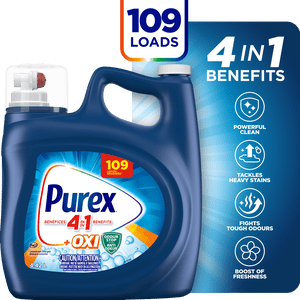 Purex® plus Oxi, Détergent concentré de blanchisserie liquide avec 4in1 avantages, Tough sur les étamines, Brightens et Blancins vêtements, 4.42L, 109 Charges de lavage, HE Compatible, 1 bouteille