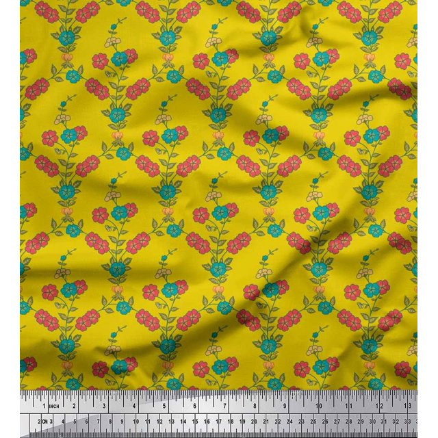 Soimoi Poly Georgette Fabric Leaves & Floral Decor Fabric Printed Yard 52 Inch Wide