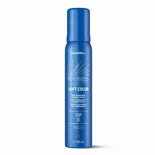 Colorant Moussant Semi-Permanent 10P - Perle 4,2 Oz Bouteille en Mousse Semi-Permanente Goldwell, Vue Frontale avec Étiquette Ton Nacré et Marquage 4,2 Oz, Photographiée sur un Fond de studio Neutre, Formulée pour une Tonification Douce du Blond et une application Rapide de Mousse; Souvent Utilisé par les Stylistes pour une Tonification Rapide entre les Services.