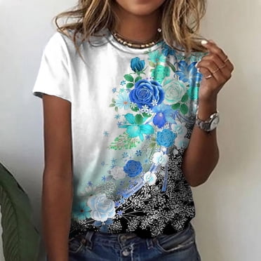 XZNGL Short Sleeve Shirts for Women Ladies Fashion Casual Print Round Neck Loose Short Sleeve T Shirt Top Pullover Tshirts for Women Short Sleeve Short Sleeve Tops for Women