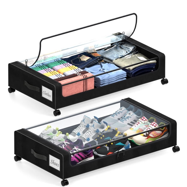 Under Bed Storage with Wheels, 2 Pack Under Bed Storage Containers with Clear Lids, XXL 65L Under Bed Storage Organizer, Rolling Under Bed Metal Drawer for Blanket, Clot