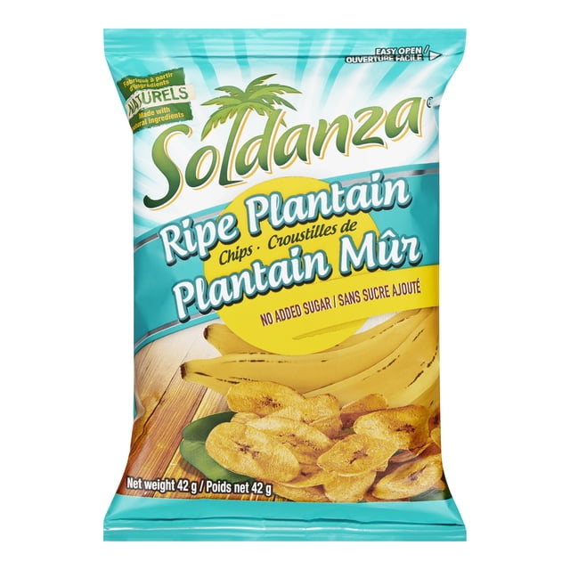 Soldanza Ripe Plantain Chips 42 g bag made with natural ingredients and no added sugar, featuring ripe yellow plantains and golden vegetable chips on a turquoise background, suitable as a sweet tropical snack.