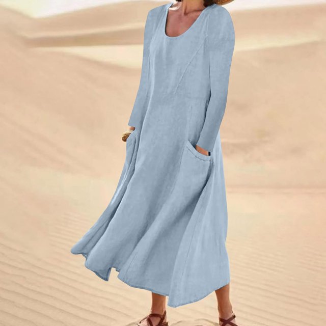 pstuiky Robes pour Jeunes Adultes, Mode pour Femmes Robe à Manches Longues Colorée en Coton et Lin à Col Rond avec Poches Robes d'Invitée de Mariage Liquidation