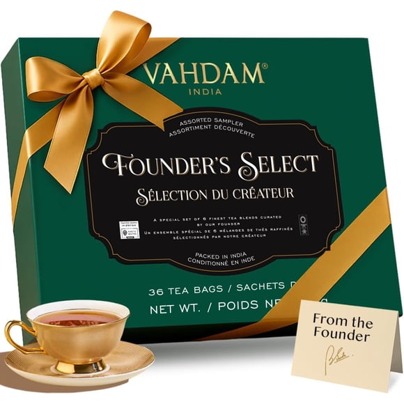 VAHDAM Top 6 Founder Select Assortiment de Thés Coffret Cadeau / 6 Saveurs, 36 Sachets de Thé Emballés Individuellement / Cadeaux pour les Amateurs de Thé