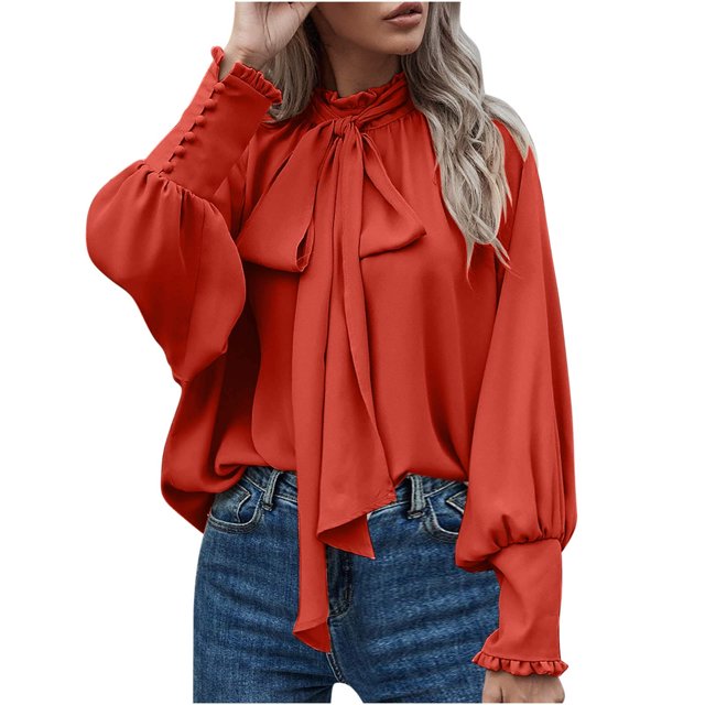 Timegard T Shirts for Women Ruffle Long Sleeve Crew Neck Tops Soft Solid Color Casual Loose Dressy Blouses