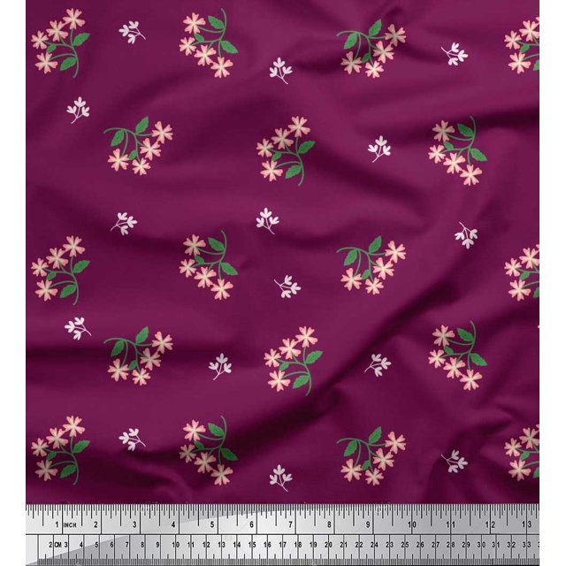 Soimoi polyester Crepe Fabric Leaves & Wild Flower Floral Print Sewing Fabric Yard 42 Inch Wide