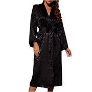 WRKEKC Womens Robe Black Solid Color Tie Waist Mid-Length Robe Womens Sleepwear Bathrobe for Home Lounging