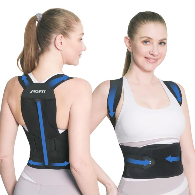 Aofit Back Brace Posture Corrector for Women and Men, shown in a dual-angle view. The adjustable full back support features breathable mesh material and blue accents, designed to improve posture and relieve back pain. It includes adjustable straps to fit waist circumferences from 27 to 53 inches.