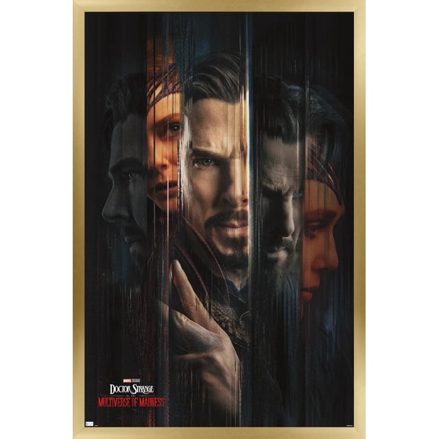 Marvel Doctor Strange dans le Multivers de la Folie - Affiche Murale Teaser en une Feuille, 14,725 Pouces x 22,375 Pouces, Présentant un design à Fente Verticale avec Plusieurs Visages Superposés de Doctor Strange et une Main dans un Geste Mystique, Imprimée sur Papier d'Affiche Lustré aux Couleurs Sombres et d'Ambiance, Encadrée en Bois Clair, Idéale pour l'Art Mural et la Déco Maison.