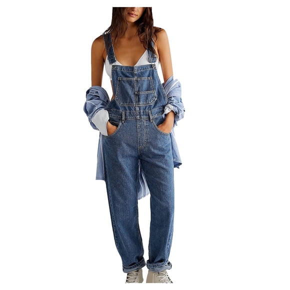 Moxiu Womens Overalls Denim Bib Overalls Barrel Leg Adjustable Strap Straight Leg Baggy Jean Pants Jumpsuits with Pockets 2025 Dark Blue,S
