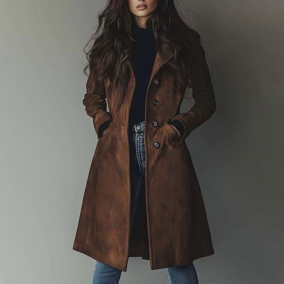 Women's Classic Brown Suede Trench Coat, Retro Lapel Collar Mid-Length Jacket, Single Breasted Casual Coat, Long Fall Winter Outerwear, Versatile Everyday Wear, Timeless Style Brown M