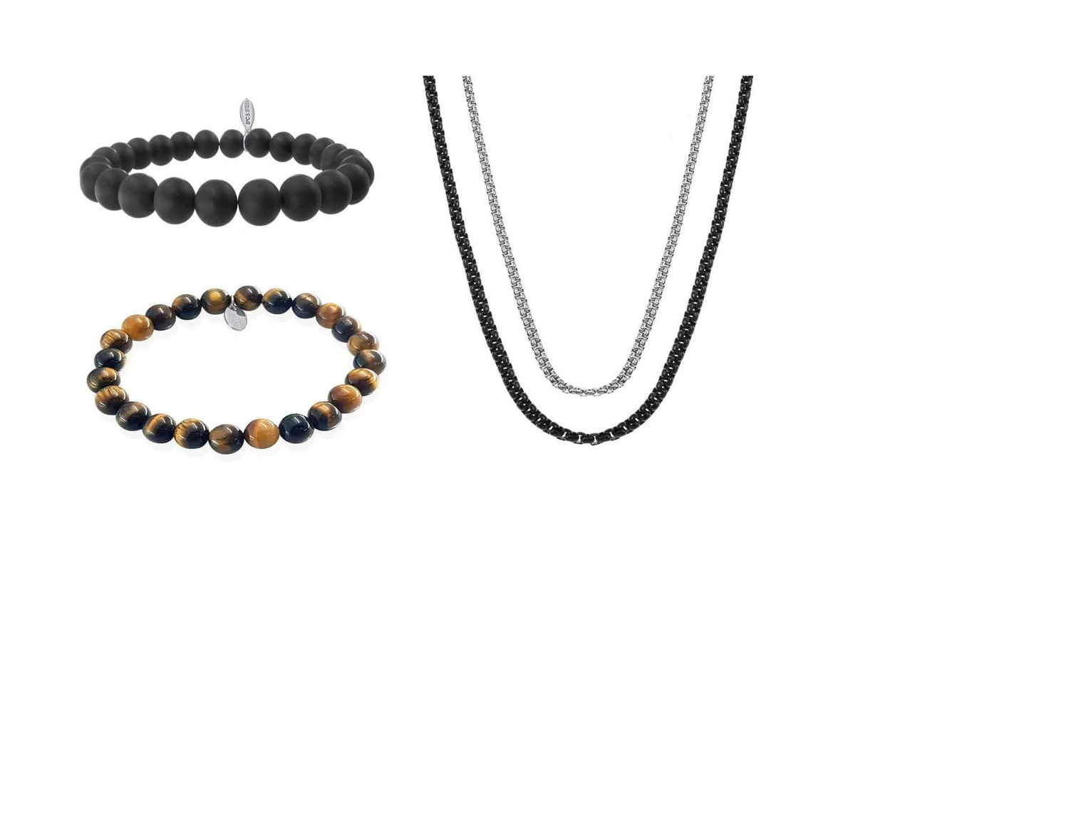 Luxury Designs Tiger Eye & Onyx Men’s stretch bracelets and Duo necklace set